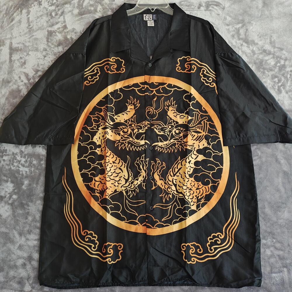 Vintage Trust Shirt Mens 5XL Black Double Dragon Graphic Button Up Asian Y2K